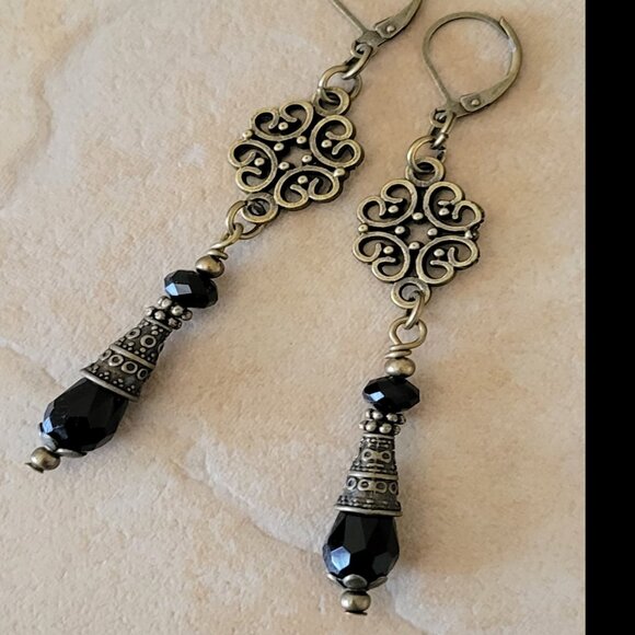 Black Crystal Teardrop Earrings, Etched Bronze Tone Cone Lever Back Ear wires - Picture 3 of 5